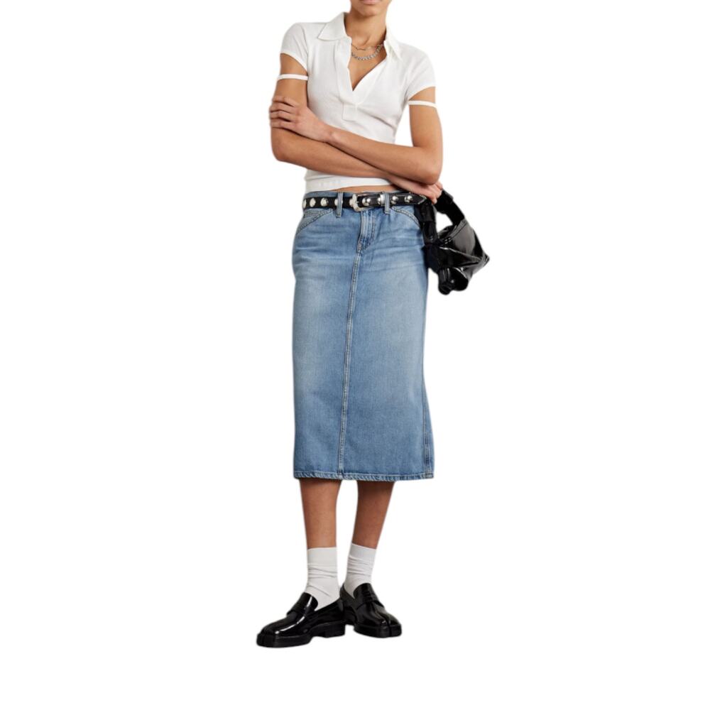 RE/DONE Low Rider Denim Midi Skirt Sz 26  Vintage Flow Light Wash Blue Spring